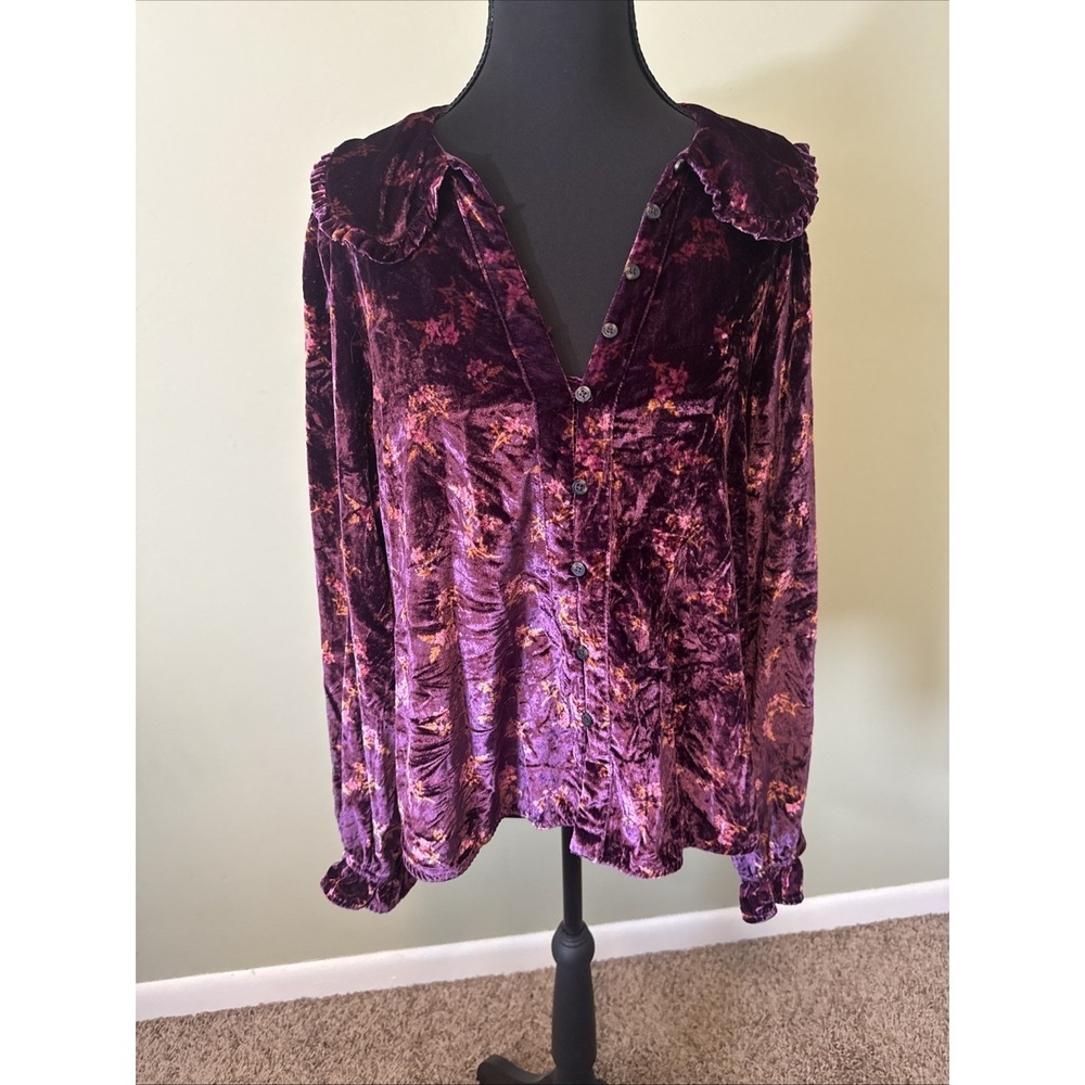 Anthropologie Keira Collared Velvet Button Up Blouse In Dark Purple Floral Large